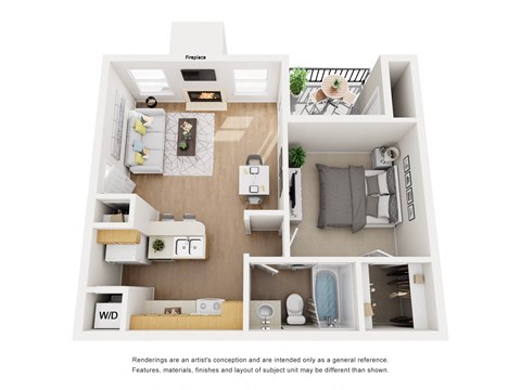 Floor plan for 1 bed, 1 bath, 574 sqft